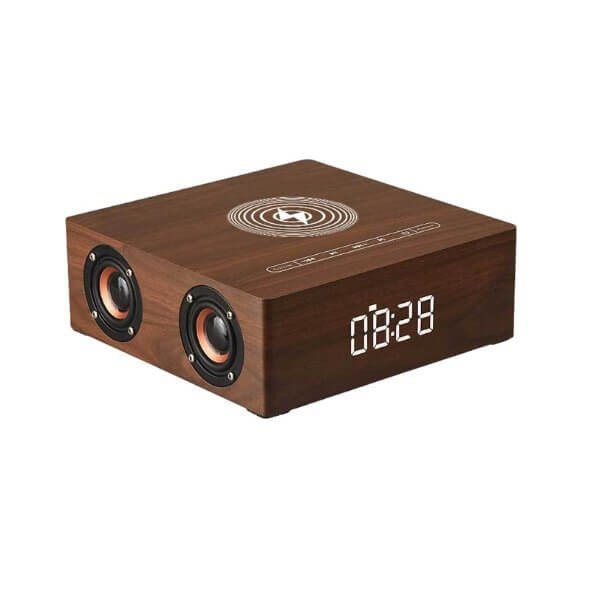 Alarm Clock Time Wireless Charger Vintage Wooden Four-Horn Wireless Bluetooth Speaker